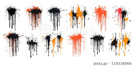 paint splashes drips. Ink drops and splatters, stains paint ink blot black red orange flat set vector illustration 119336066