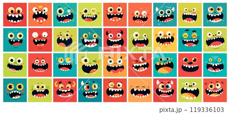 Monster avatars. Flat horror creatures faces eyes and mouths horns, halloween kids party decoration, monsters characters set vector illustration 119336103