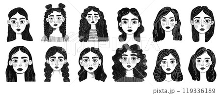 girls doodle portrait. linear monochrome avatar of women, face curls braids freckles black and white graphics caricature image vector illustration 119336189