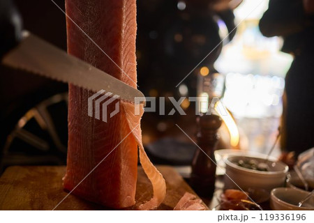 Masterful Artisan Cutting Techniques of Exquisite Fine Meat for Culinary Presentation Delights Masterful Artisan Cutting Techniques of Exquisite Fine Meat for Culinary Presentation Delights 119336196