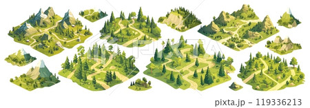 forest landscape isometric. reserve maps cartoon, relief map paths mountains rocks trees fir trees nature vector illustration 119336213