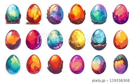 Cartoon dragon eggs. Fantasy magic creature game asset, mythical reptile animal egg with scales set vector illustration Cartoon dragon eggs. Fantasy magic creature game asset, mythical reptile animal egg with scales set vector illustration 119336308