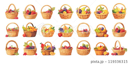 Baskets fruits berries. Cartoon wicker rattan container with harvest food apples pears grapes, fresh healthy product set vector illustration 119336315
