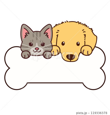 骨の吹き出しフレームを持つミニチュアダックスフンドとサバトラ猫 119336378