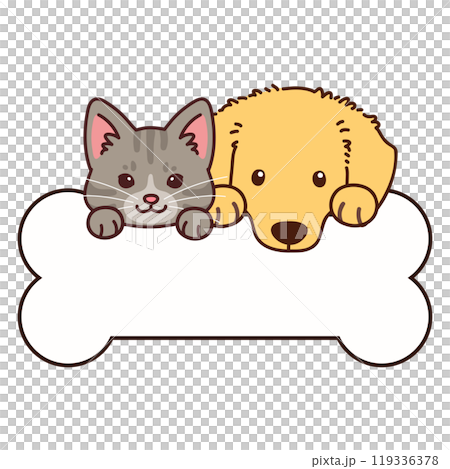 骨の吹き出しフレームを持つミニチュアダックスフンドとサバトラ猫 119336378