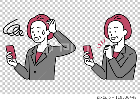 スマートフォンを操作する中年のスーツの女性のセット(トラブル/ガッツポーズ) スマートフォンを操作する中年のスーツの女性のセット(トラブル/ガッツポーズ) 119336448