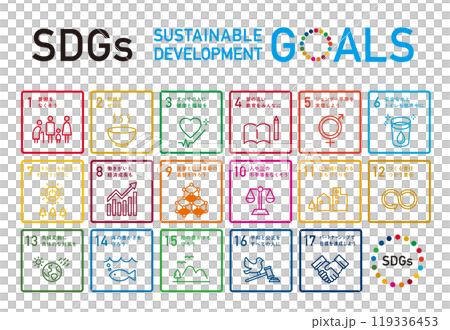 SDGs(持続可能な開発目標)のアイコンセット。サステナブル、エコロジーに関するイラスト。 SDGs(持続可能な開発目標)のアイコンセット。サステナブル、エコロジーに関するイラスト。 119336453
