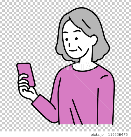 An elderly woman looking at the smartphone in her right hand An elderly woman looking at the smartphone in her right hand 119336476