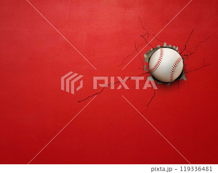 Baseball breaks through red concrete wall concept of power, strength. 119336481