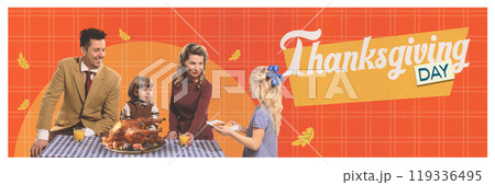 Contemporary art collage. Family enjoying Thanksgiving dinner. Classic red tablecloth and pumpkins give it warm, festive feel. Retro style, pin-up. Contemporary art collage. Family enjoying Thanksgiving dinner. Classic red tablecloth and pumpkins give it warm, festive feel. Retro style, pin-up. 119336495