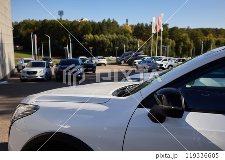 Car Sales and Loan Industry Concept. Row of Brand New Vehicles in Stock. 119336605