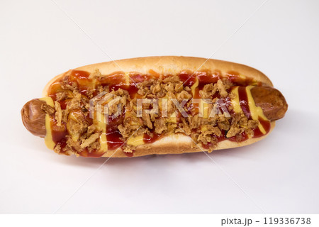 Gourmet Hot Dog featuring Crispy Toppings along with a delicious Sauce for extra flavor Gourmet Hot Dog featuring Crispy Toppings along with a delicious Sauce for extra flavor 119336738