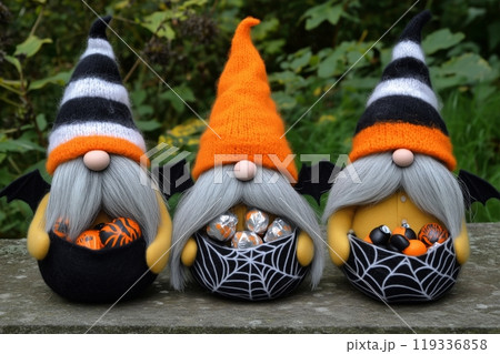 Halloween gnomes with candy in spiderweb patterns and festive hats 119336858
