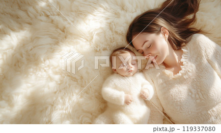 安らかに眠る赤ちゃんと愛情溢れる母親 安らかに眠る赤ちゃんと愛情溢れる母親 119337080