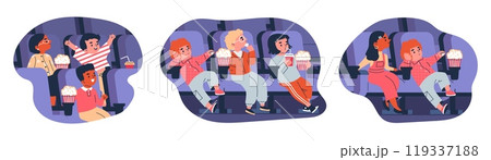Vector illustration collection: boys and girls with popcorn and drinks watching a movie in the cinema Vector illustration collection: boys and girls with popcorn and drinks watching a movie in the cinema 119337188