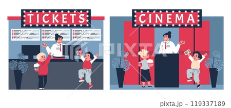 Children buy movie tickets for a cartoon. Children buy movie tickets for a cartoon. 119337189