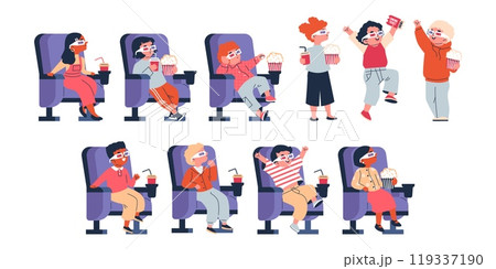 Illustrative vector drawing: children in 3d glasses with popcorn and drinks in their hands 119337190