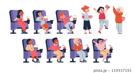 Cute kids watching movie, girl and boys eating popcorn and drinking soda while sitting in the cinema flat vector set 119337191
