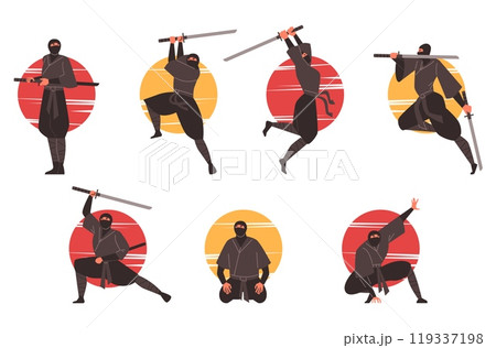 Vector graphics of masked ninja wielding katanas and demonstrating ninjutsu techniques on a white background Vector graphics of masked ninja wielding katanas and demonstrating ninjutsu techniques on a white background 119337198