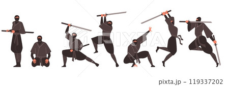 Ninja man warrior with sword in attack action vector set, Japanese fighter, ninjutsu martial art training practice poses 119337202