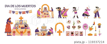 Death Day holiday in a vector set with an altar, skulls and offerings, cemetery, dancers 119337214