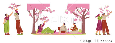 A spring vector collection with family, friends and a young couple celebrating the cherry blossom A spring vector collection with family, friends and a young couple celebrating the cherry blossom 119337223