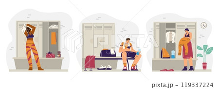 Young people dressing in sports locker changing room vector flat set, athletes changing clothes after training in gym 119337224