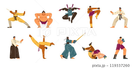 Asian martial arts Kendo, Ikido, Ninjutsu, Muay Thai, Sumo fighters Karate boxing Capoeira combat sport vector set Asian martial arts Kendo, Ikido, Ninjutsu, Muay Thai, Sumo fighters Karate boxing Capoeira combat sport vector set 119337260