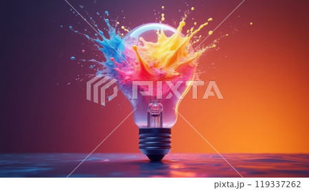 A lightbulb bursts open, releasing a vibrant explosion of colorful liquid against a gradient background. The image represents creativity and innovation. A lightbulb bursts open, releasing a vibrant explosion of colorful liquid against a gradient background. The image represents creativity and innovation. 119337262