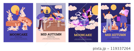Vector illustrations celebrating the autumn festival: family, gifts, mooncakes, white rabbits under the moon. 119337264