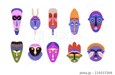 Bright vector icons of tribal masks on isolated background. Bright vector icons of tribal masks on isolated background. 119337269