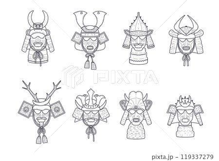 Samurai warrior mask black silhouette vector icons set, Japanese mask with horns, oriental armor head helmet, Kabuki 119337279