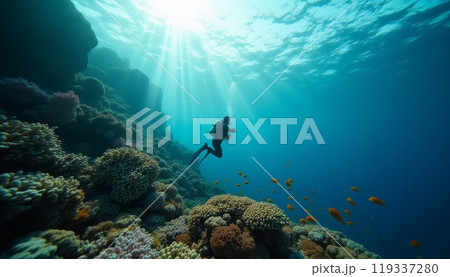 A scuba diver swims near a vibrant coral reef surrounded by marine life in clear blue water. The image evokes the beauty of underwater exploration and marine biodiversity. A scuba diver swims near a vibrant coral reef surrounded by marine life in clear blue water. The image evokes the beauty of underwater exploration and marine biodiversity. 119337280
