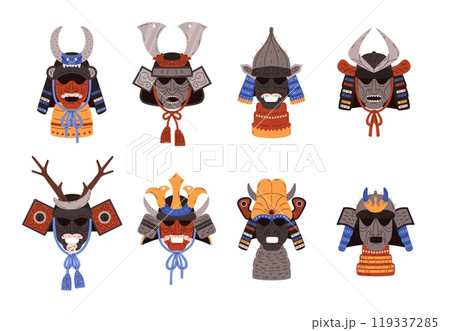 Vector set of colored samurai masks in flat style. Vector set of colored samurai masks in flat style. 119337285