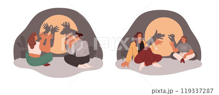 People making shadows with hands, shadow theater, showing animals and bird gaming puppet from palms fingers vector set 119337287