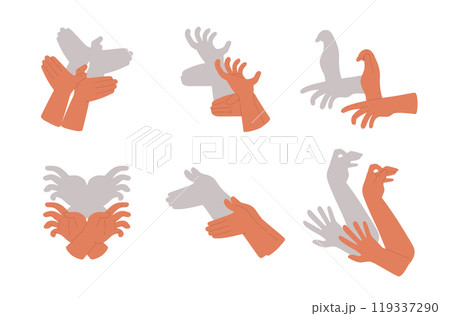Hand gestures shadow theater, showing birds, animals from palms and fingers vector flat set, gaming arm puppets dog crab 119337290