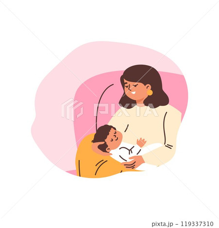 A woman rocks a baby in her arms. 119337310