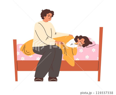 Mother putting daughter to sleep in the bed, vector cartoon woman parent is singing a lullaby for child, kids bedtime Mother putting daughter to sleep in the bed, vector cartoon woman parent is singing a lullaby for child, kids bedtime 119337338