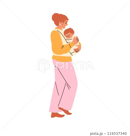 A vector illustration of a mother putting her child to sleep, emphasizing comfort 119337340
