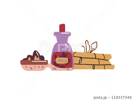 Vector set of tools for alternative medicine: spices, medicine in a glass bottle 119337348