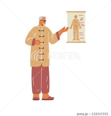 Vector illustration doctor who teaches a lesson on acupuncture at a poster with a human. 119337355