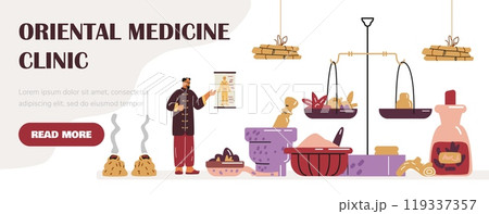 Vector illustration a Chinese doctor showing energy dots on a poster on a human body, 119337357