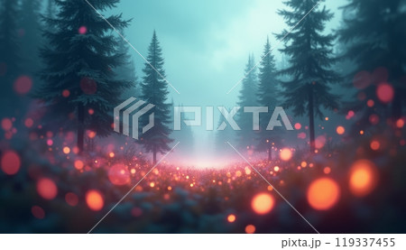 A mystical forest scene with glowing lights scattered among tall trees and mist, creating a magical and otherworldly atmosphere. The image captures mystery, nature, and fantasy. 119337455