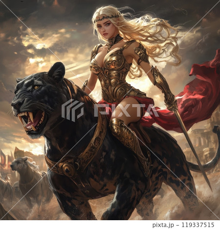 Gladiator girl riding a black panther with a sword in her hand. Ready for battle. Amazon woman. Finely detailed golden outfit. Feminine determination. The image was created using AI  119337515