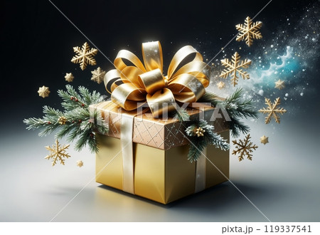 New Year gift box with bright ribbon, New Year card 119337541