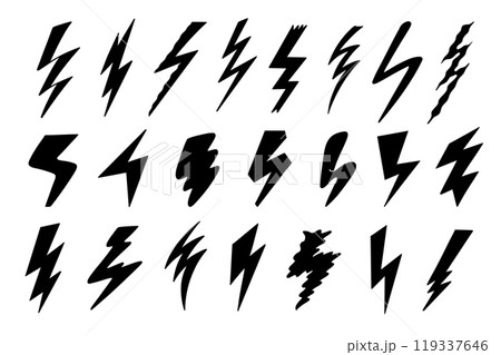 Lightning bolt silhouette. Black electric shock and energy power signs, thunderbolt arrow and flash hand drawn sketch retro style. Vector isolated set 119337646