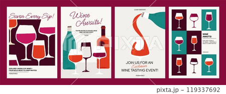 Wine posters. Abstract wine tasting background with bottles glasses and corkscrew, fruits and appetizers wineglass with wine splash. Vector minimalist flyer cover set 119337692