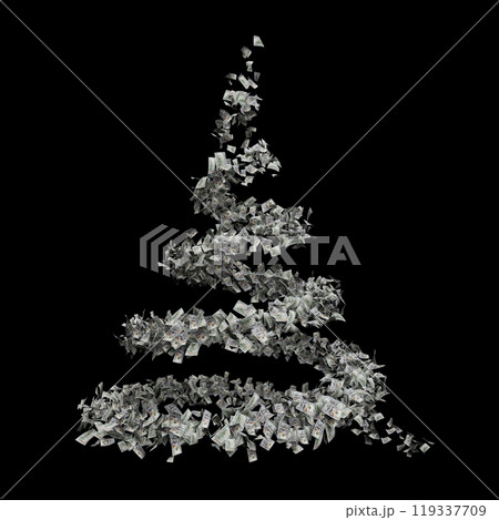 The image shows a 3D spiral resembling a Christmas tree made of numerous realistic banknotes. They rise upwards, creating a vortex effect that gradually disappears against the black background. The image shows a 3D spiral resembling a Christmas tree made of numerous realistic banknotes. They rise upwards, creating a vortex effect that gradually disappears against the black background. 119337709