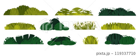 Green bushes. Cartoon spring summer forest foliage plants, decorative floral botanic garden bushes and shrubs. Vector isolated collection Green bushes. Cartoon spring summer forest foliage plants, decorative floral botanic garden bushes and shrubs. Vector isolated collection 119337710