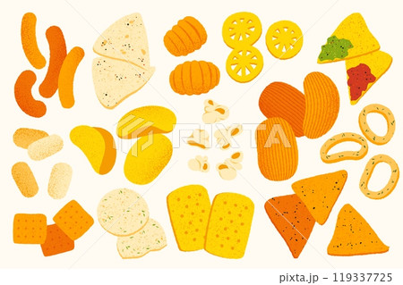 Cracker chips snacks. Cartoon pretzel sticks twisted straws rolls, salty baked chips onion rings appetizers, delicious crispy baked food. Vector bakery set 119337725